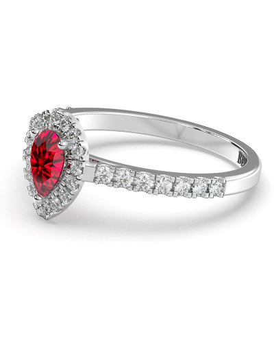 bague Solitaire en Or blanc rubis poire et son halo  Accompagné Diamants