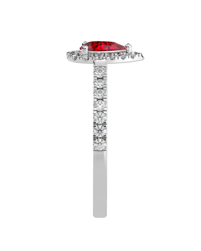 bague Solitaire en Or blanc rubis poire et son halo  Accompagné Diamants