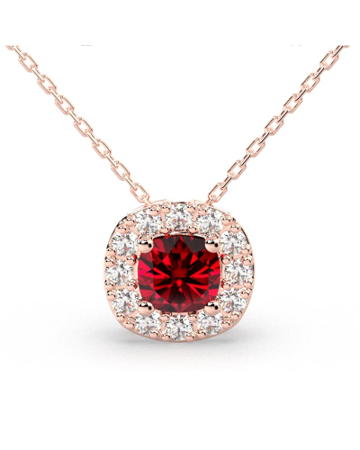 Collier en or rose 18 carats, rubis  coussin et son halo de diamants