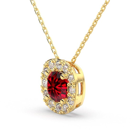 Collier en or jaune 18 carats, rubis  coussin et son halo de diamants