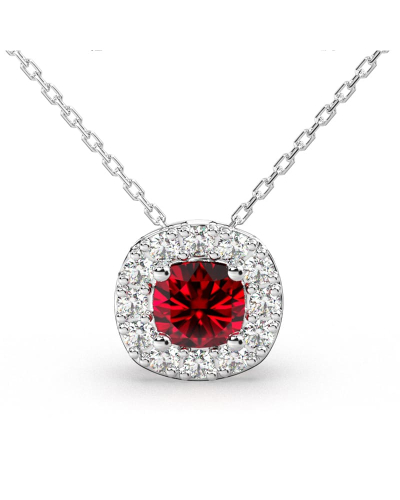 Collier en or blanc 18 carats, rubis  coussin et son halo de diamants