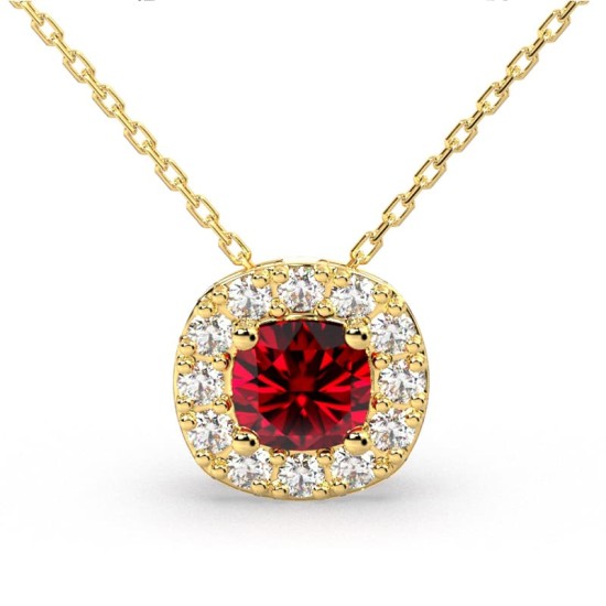 Collier en or jaune 18 carats, rubis  coussin et son halo de diamants