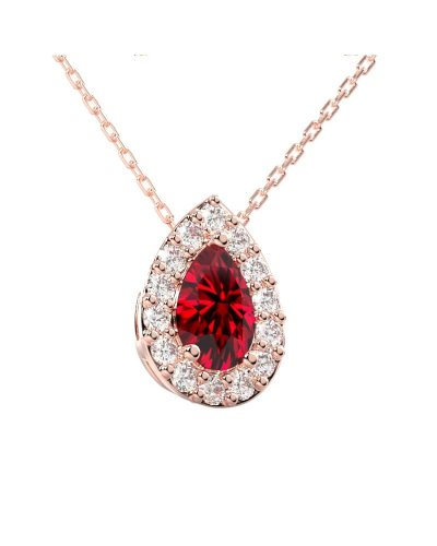 Collier or rose 18K rubis poire et halo diamants