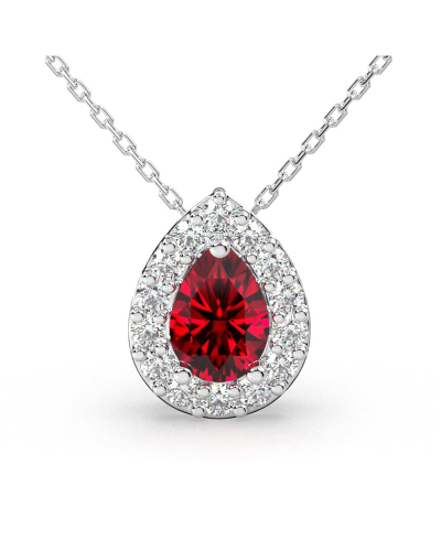 Collier or blanc 18K rubis poire et halo diamants