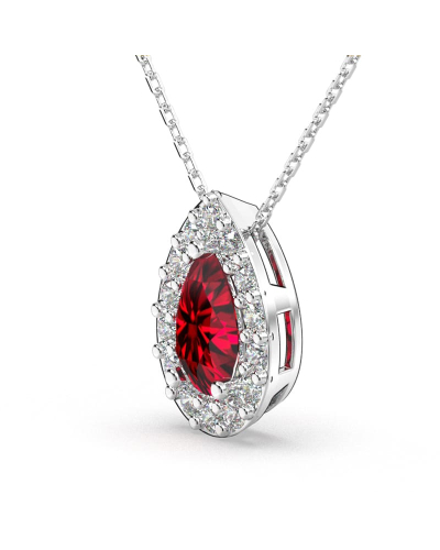 Collier or blanc 18K rubis poire et halo diamants