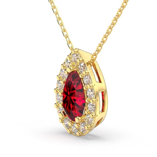 Collier or jaune 18K rubis poire et halo diamants