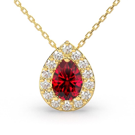 Collier or jaune 18K rubis poire et halo diamants