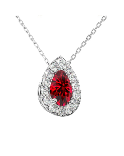 Collier or blanc 18K rubis poire et halo diamants