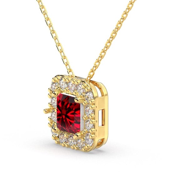 Collier or jaune 18K pendentif rubis princesse avec un halo de diamants