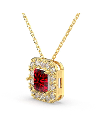 Collier or jaune 18K pendentif rubis princesse avec un halo de diamants