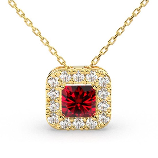 Collier or jaune 18K pendentif rubis princesse avec un halo de diamants