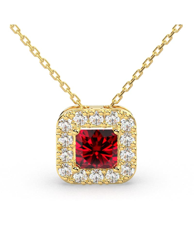 Collier or jaune 18K pendentif rubis princesse avec un halo de diamants