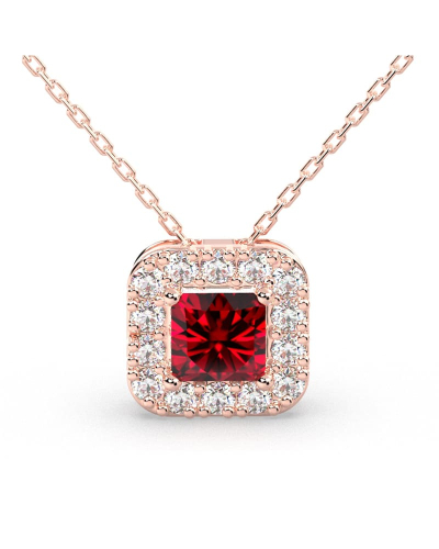 Collier or rose 18K pendentif rubis princesse avec un halo de diamants
