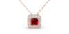 Collier or rose 18K pendentif rubis princesse avec un halo de diamants