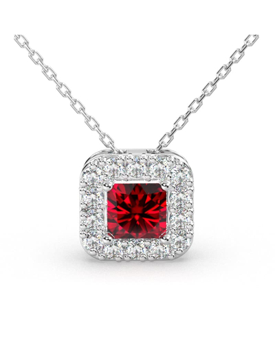 Collier or blanc 18K pendentif rubis princesse avec un halo de diamants
