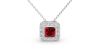 Collier or blanc 18K pendentif rubis princesse avec un halo de diamants