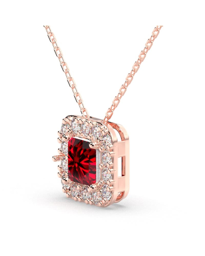 Collier or rose 18K pendentif rubis princesse avec un halo de diamants