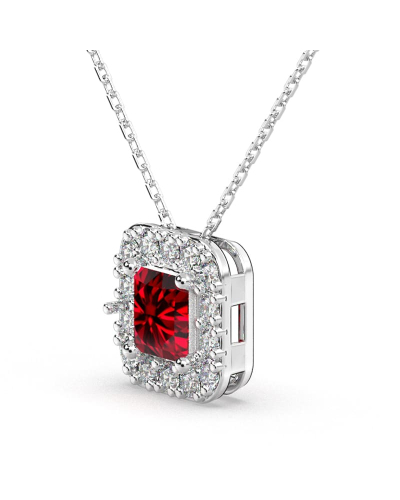 Collier or blanc 18K pendentif rubis princesse avec un halo de diamants