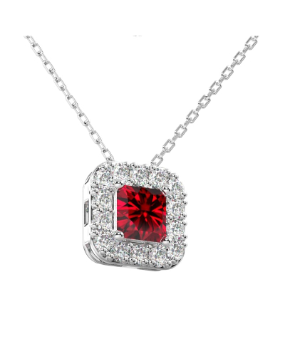 Collier or blanc 18K pendentif rubis princesse avec un halo de diamants