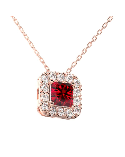 Collier or rose 18K pendentif rubis princesse avec un halo de diamants