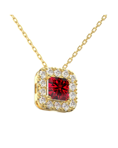 Collier or jaune 18K pendentif rubis princesse avec un halo de diamants