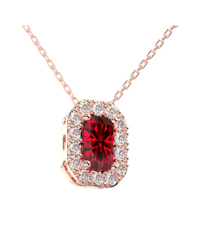 Collier or rose 18K pendentif rubis taille émeraude avec un halo de diamants
