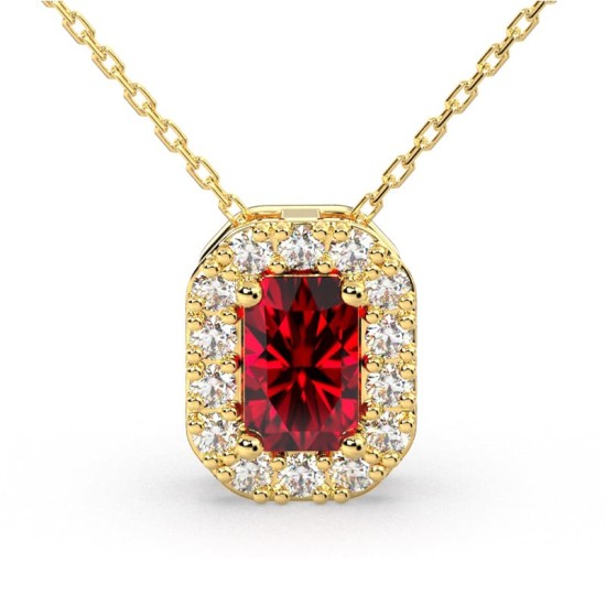 Collier or jaune 18K pendentif rubis taille émeraude avec un halo de diamants