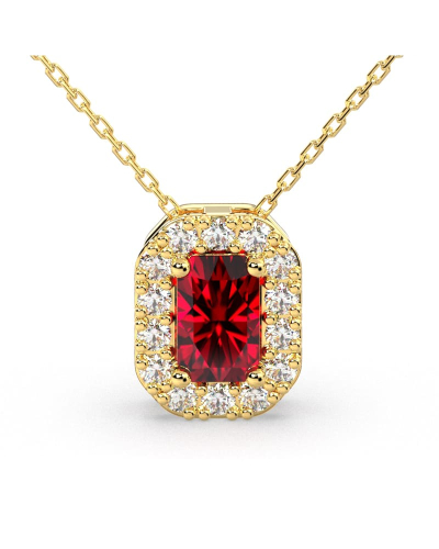 Collier or jaune 18K pendentif rubis taille émeraude avec un halo de diamants