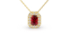 Collier or jaune 18K pendentif rubis taille émeraude avec un halo de diamants