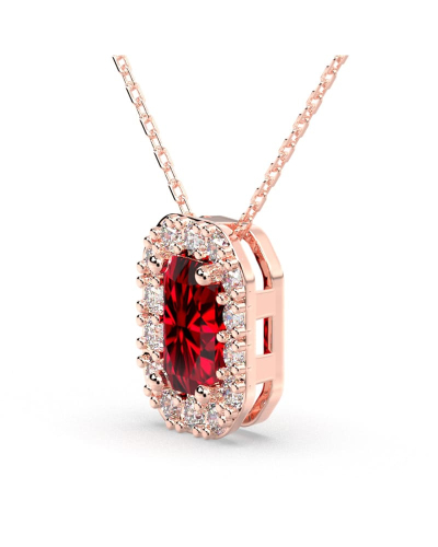 Collier or rose 18K pendentif rubis taille émeraude avec un halo de diamants