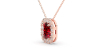 Collier or rose 18K pendentif rubis taille émeraude avec un halo de diamants