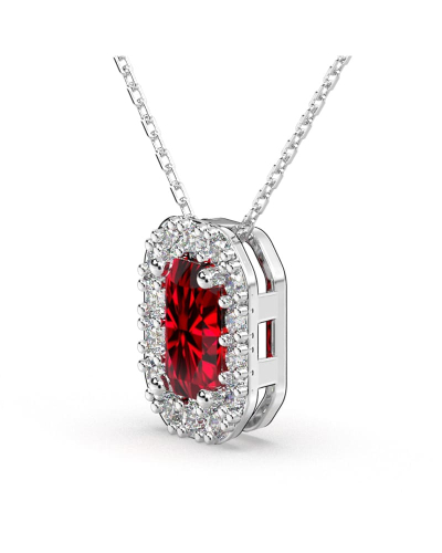 Collier or blanc 18K pendentif rubis taille émeraude avec un halo de diamants