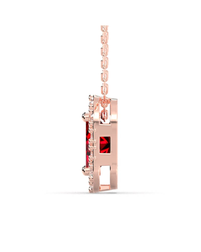 Collier or rose 18K pendentif rubis taille émeraude avec un halo de diamants