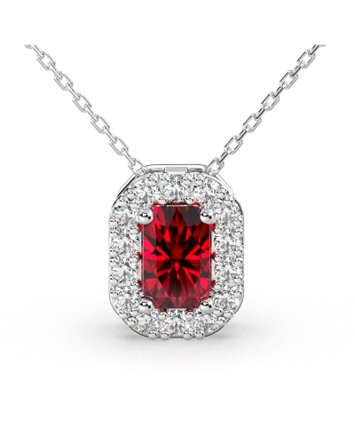 Collier or blanc 18K pendentif rubis taille émeraude avec un halo de diamants