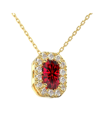Collier or jaune 18K pendentif rubis taille émeraude avec un halo de diamants