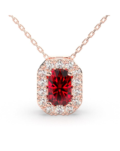 Collier or rose 18K pendentif rubis taille émeraude avec un halo de diamants