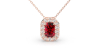 Collier or rose 18K pendentif rubis taille émeraude avec un halo de diamants