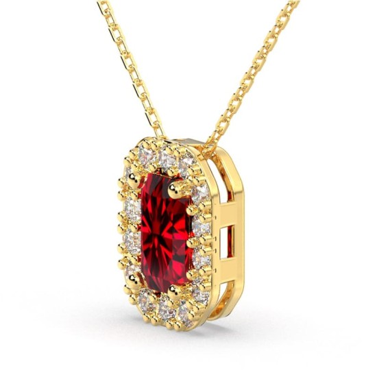 Collier or jaune 18K pendentif rubis taille émeraude avec un halo de diamants