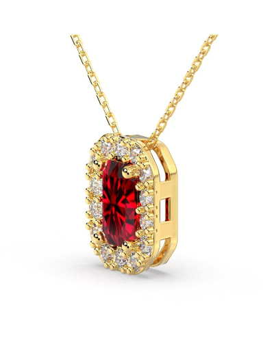 Collier or jaune 18K pendentif rubis taille émeraude avec un halo de diamants