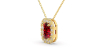 Collier or jaune 18K pendentif rubis taille émeraude avec un halo de diamants