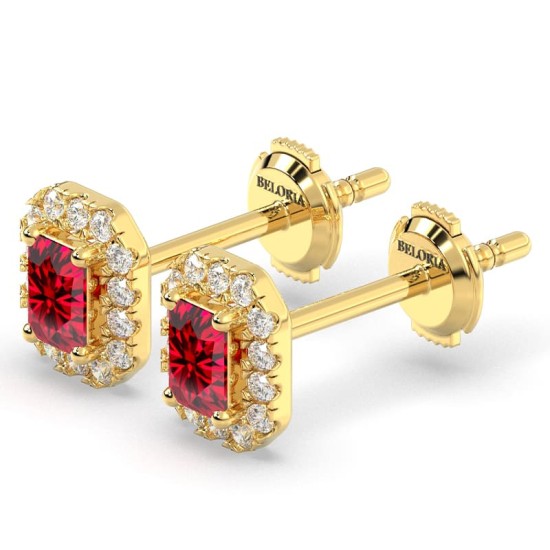 Boucles d'oreilles en or jaune 18 carats, rubis et halo de diamants