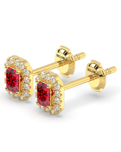 Boucles d'oreilles en or jaune 18 carats, rubis et halo de diamants