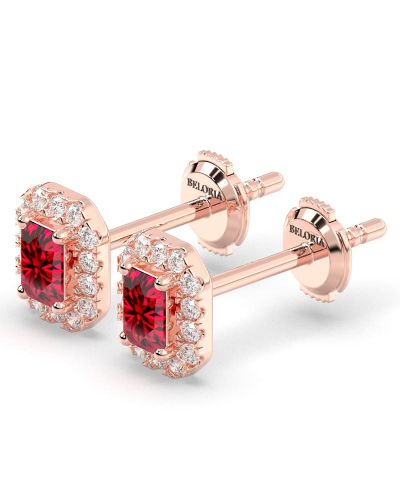 Boucles d'oreilles en or rose 18 carats, rubis et halo de diamants