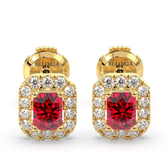 Boucles d'oreilles en or jaune 18 carats, rubis et halo de diamants