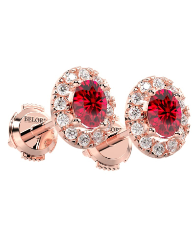 Boucles d'oreilles en or rose 18K rubis ovale et halo de diamants