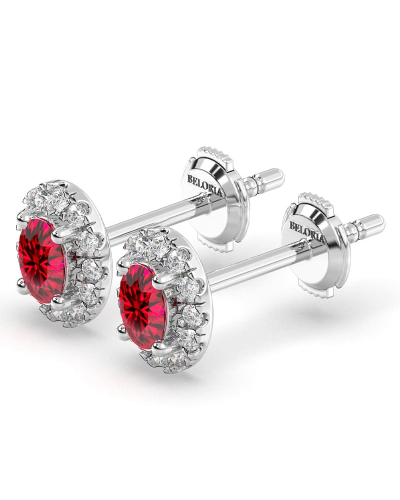 Boucles d'oreilles en or rose 18K rubis ovale et halo de diamants