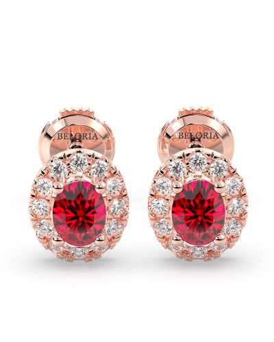 Boucles d'oreilles en or rose 18K rubis ovale et halo de diamants