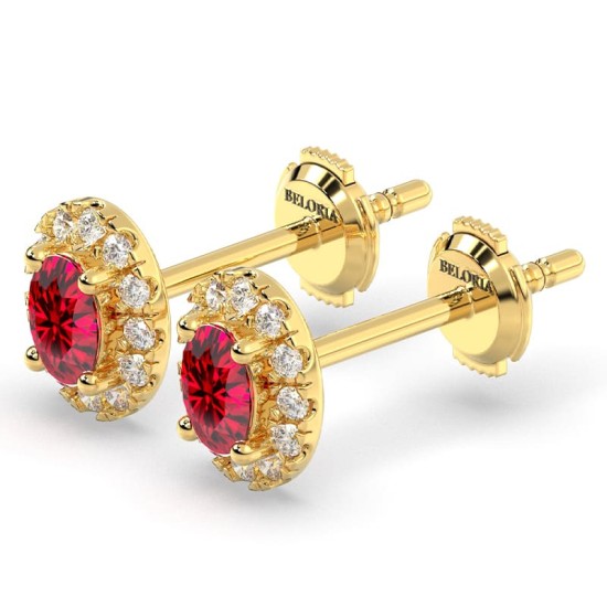 Boucles d'oreilles en or jaune 18K rubis ovale et halo de diamants