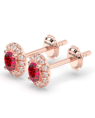 Boucles d'oreilles en or rose 18K rubis ovale et halo de diamants