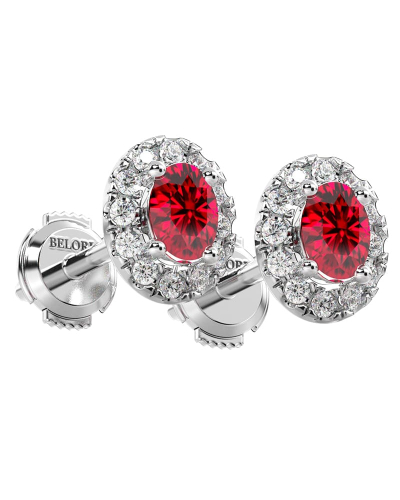 Boucles d'oreilles en or rose 18K rubis ovale et halo de diamants